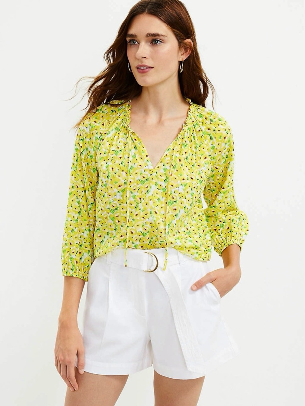 Ann Taylor LOFT Floral Clip Tie Neck 100% Cotton Blouse Ruffle Neckline - Picture 6 of 10
